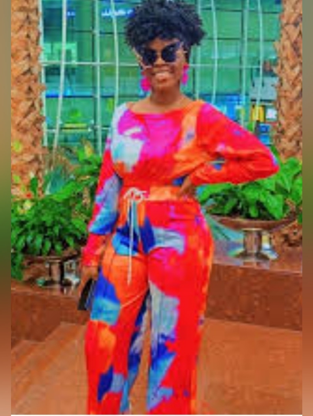 Vibrant Abstract Red Tie-Waist Jumpsuit